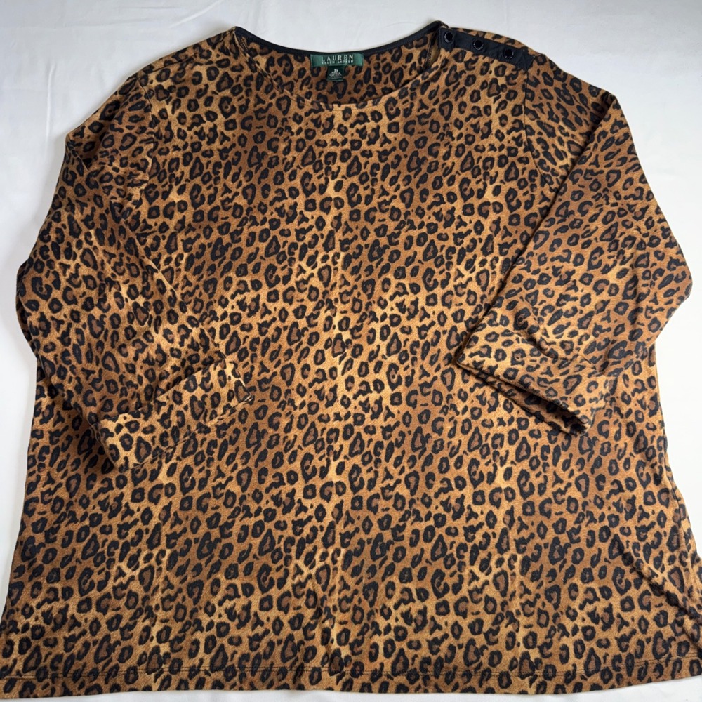 Lauren Ralph Lauren Leopard Print Button Shoulder Cotton Top Brown 3X